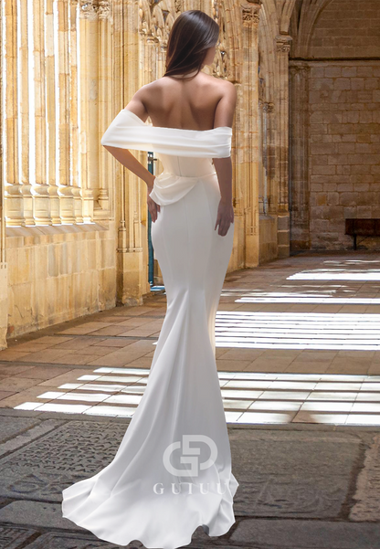 Sheath Off-Shoulder Cap Sleeves Slit Floor-Length Ruched Satin Wedding Dress