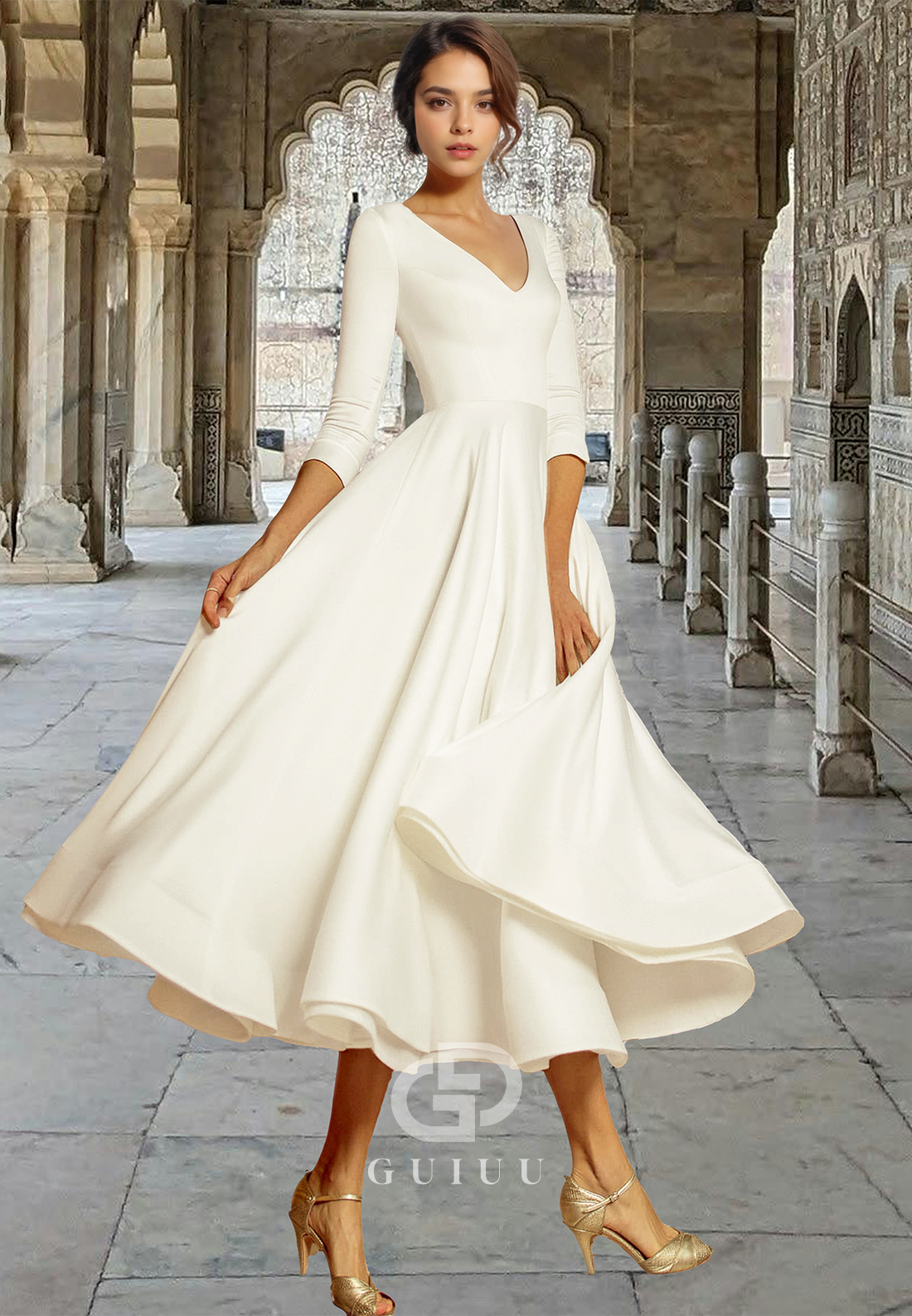 Charming A-Line 3/4 Sleeves V-Neck Ankle-Length Ruched Satin Wedding Dress