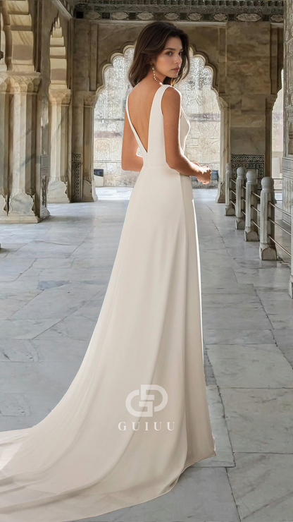 Simple V-Neck Sleeveless Ruched Sheath Slit Beach Wedding Dress
