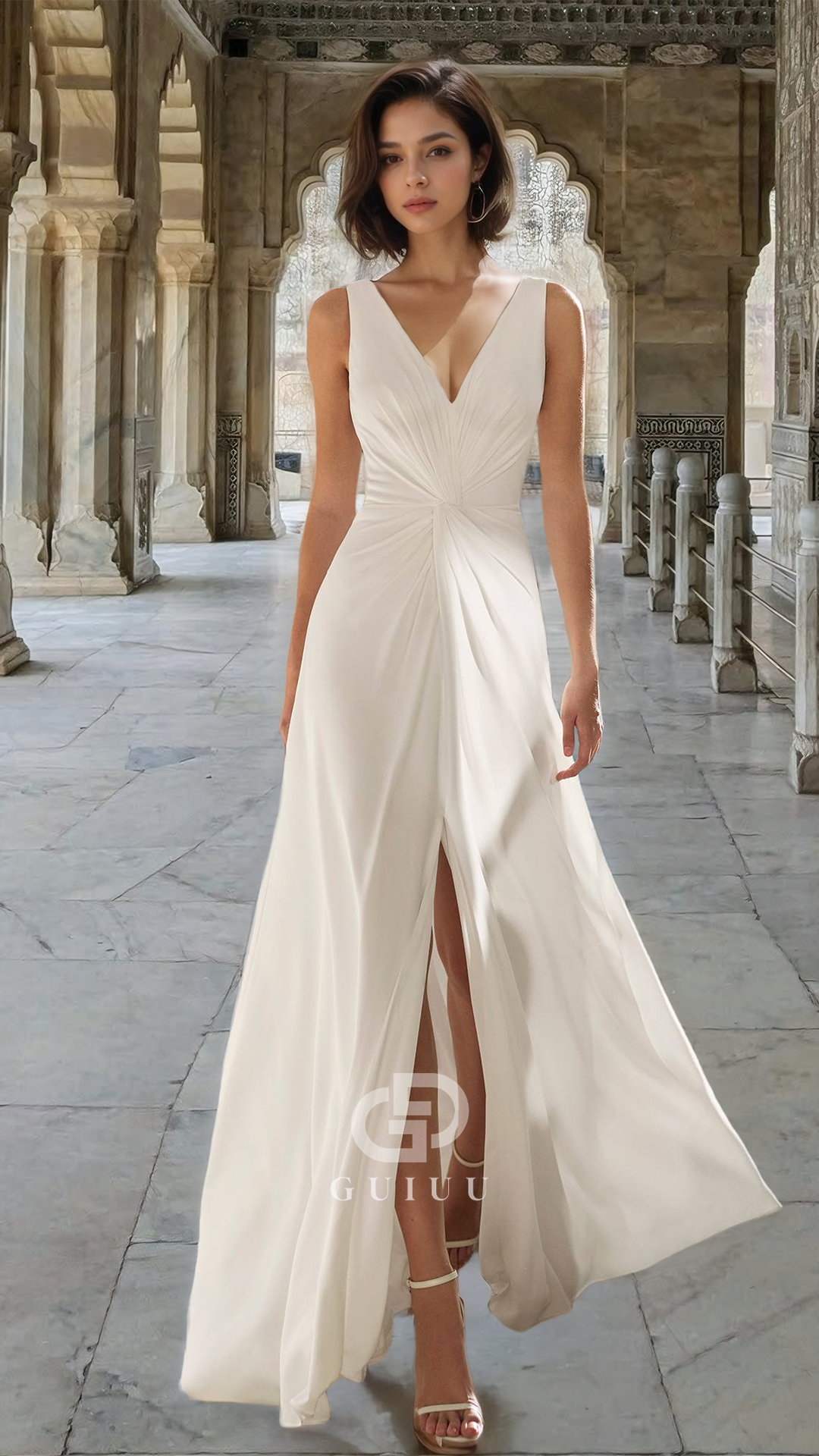Simple V-Neck Sleeveless Ruched Sheath Slit Beach Wedding Dress
