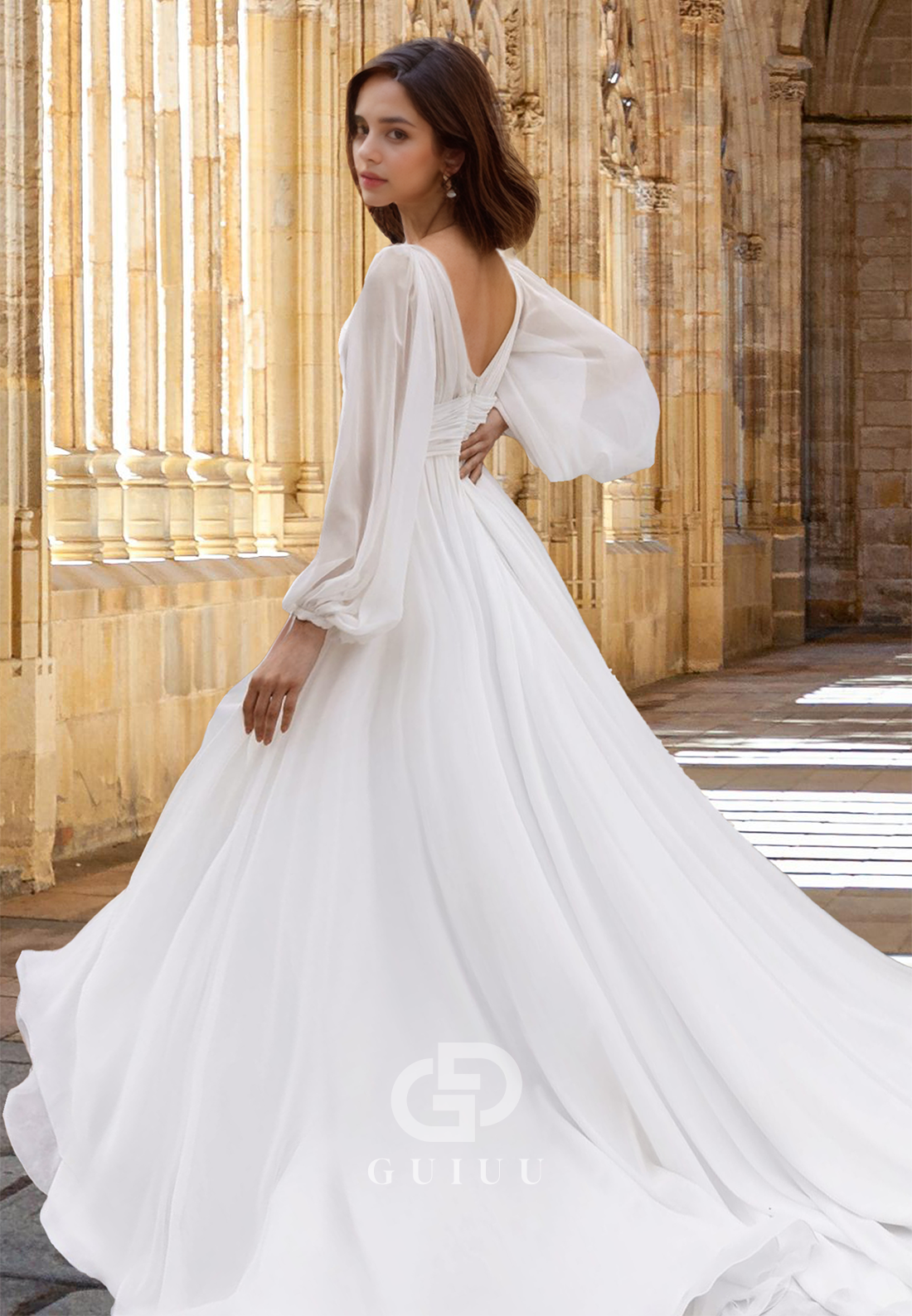 Classic A-Line Long Sleeves V-Neck Slit Court Train Corset Satin Wedding Dress