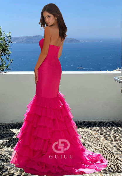 Fuchsia Strapless Sleeveless Prom Dress with Slit Ruffles Evening Party Dress