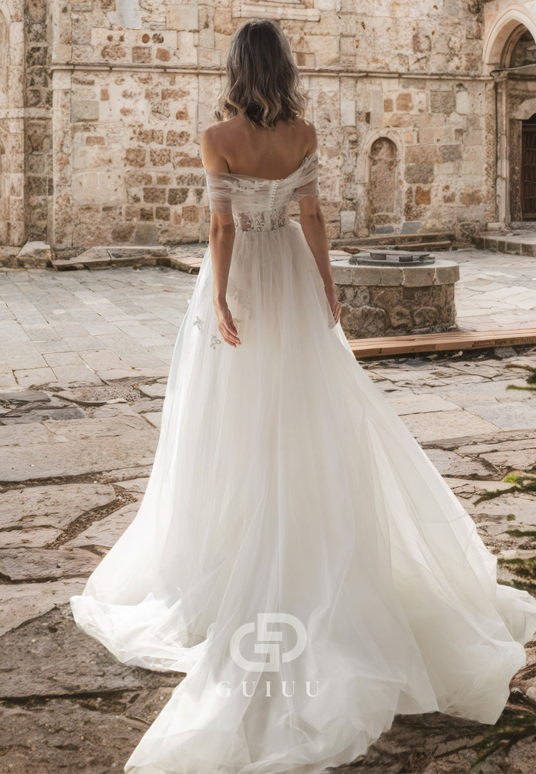 Chic A-Line Short Sleeves Off-Shoulder Corset Tulle Empire-Waist Sweep Train Lace Wedding Dress