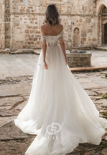 Chic A-Line Short Sleeves Off-Shoulder Corset Tulle Empire-Waist Sweep Train Lace Wedding Dress