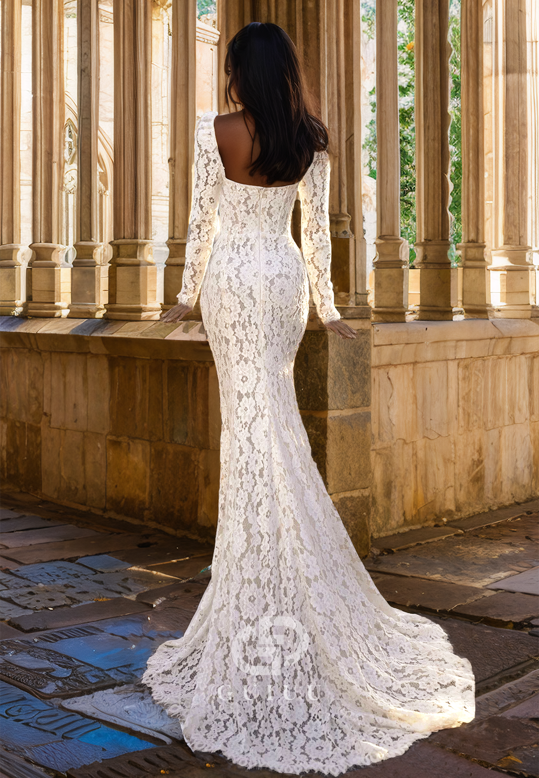 Mermaid Long Sleeves Sweetheart Floral Appliques Empire-Waist Boho Wedding Dress