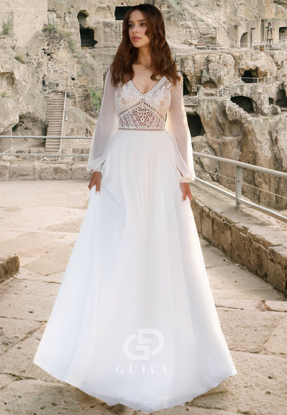Elegant Long Sleeves V-Neck Corset Tulle Empire-Waist Backless Boho Wedding Dress