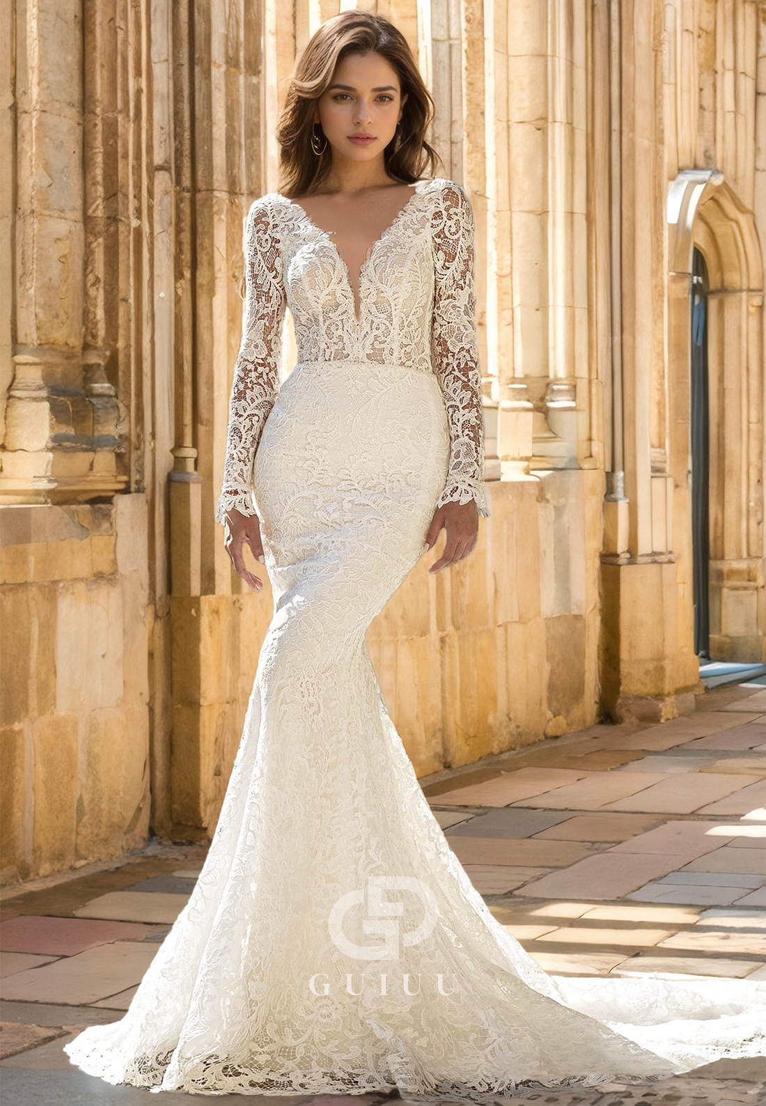Mermaid Lace Long Sleeves V-Neck Empire-Waist Backless Romantic Wedding Dress