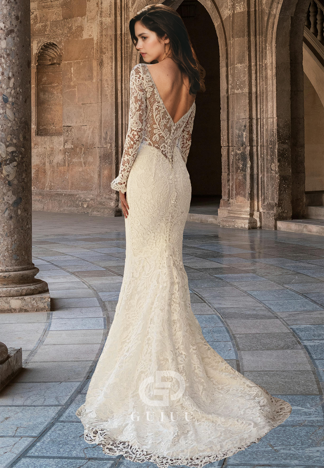 Mermaid Lace Long Sleeves V-Neck Empire-Waist Backless Romantic Wedding Dress