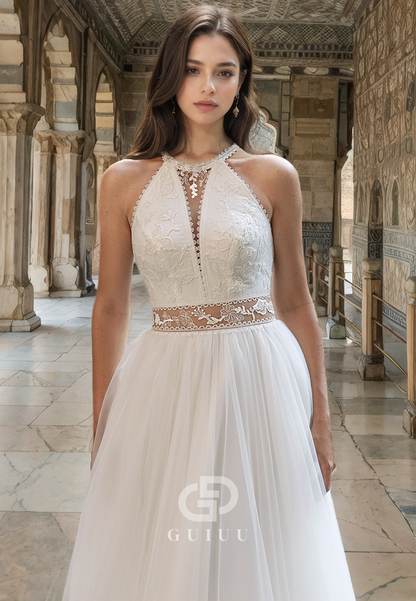 Charming A-Line Halter Sleeveless Corset Tulle Empire-Waist Lace Wedding Dress