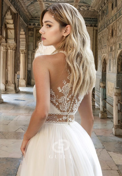 Charming A-Line Halter Sleeveless Corset Tulle Empire-Waist Lace Wedding Dress