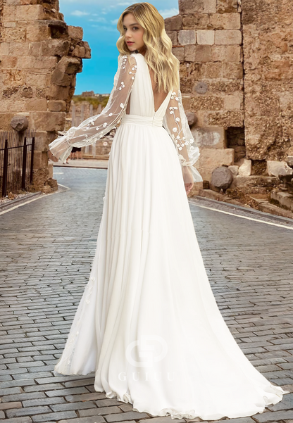Deep V-Neck Long Sleeves Empire-Waist Sweep Train Backless Satin Wedding Dress