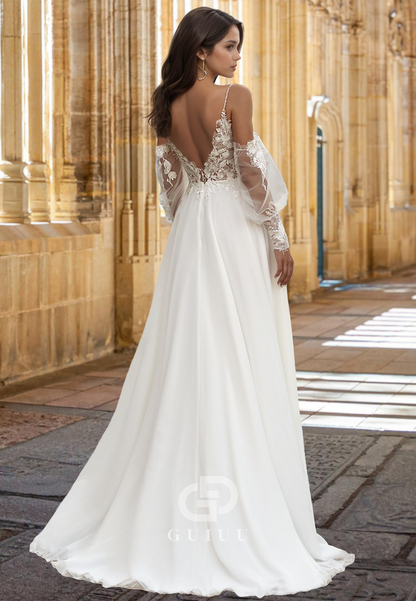 Charming A-Line Spaghetti Straps Off-Shoulder Backless Side Slit Satin Wedding Dress