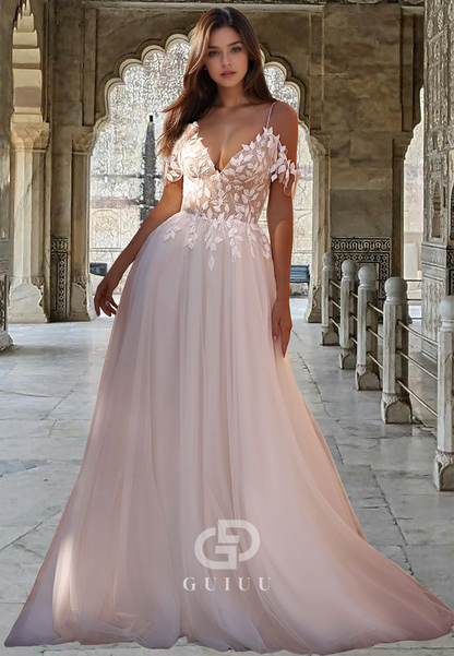 Glamorous Spaghetti Straps V-Neck Corset Tulle Appliques Lace Wedding Dress