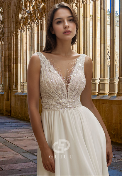 Simple A-Line Spaghetti Straps V-Neck Corset Backless Sequins Satin Wedding Dress