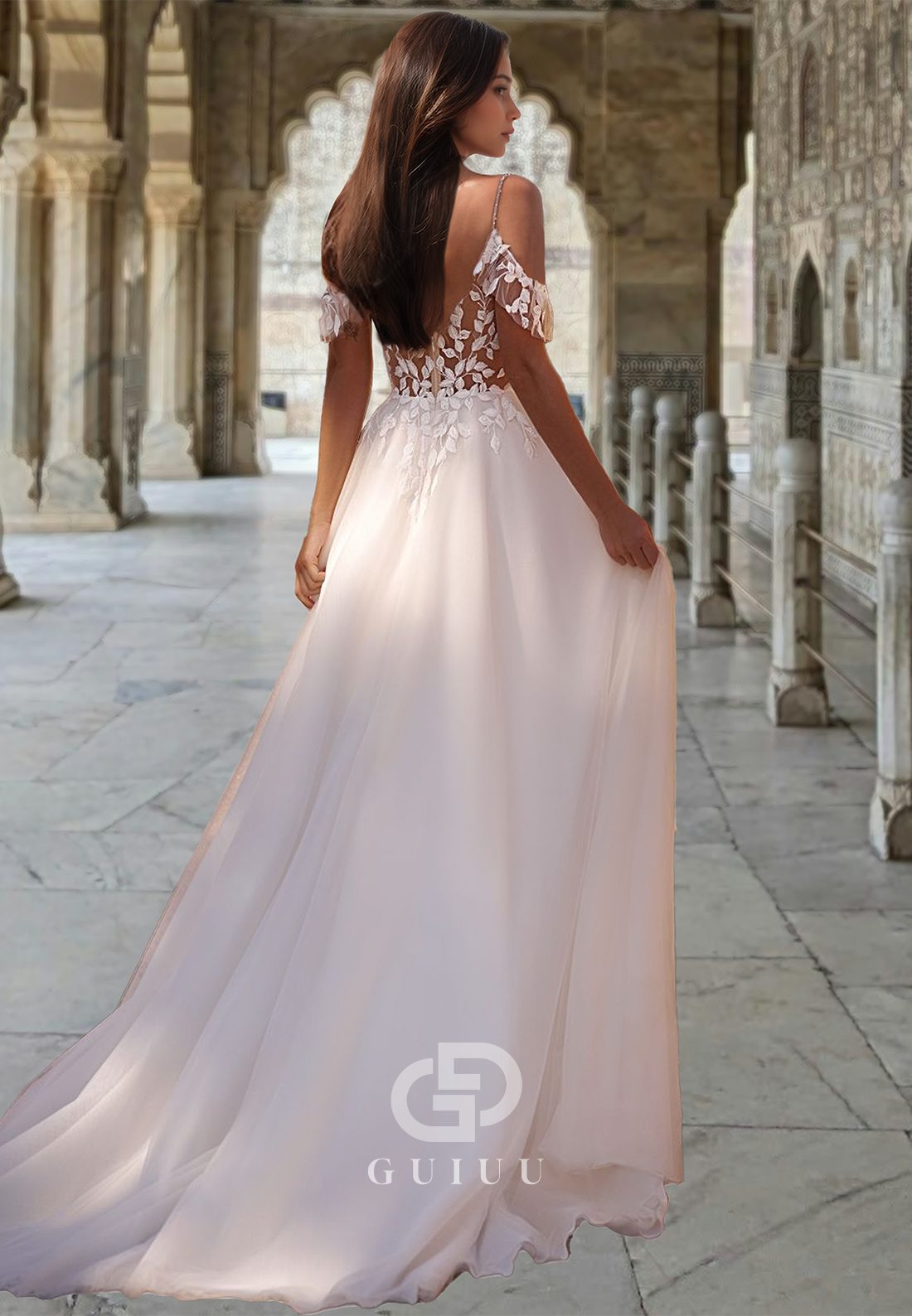 Glamorous Spaghetti Straps V-Neck Corset Tulle Appliques Lace Wedding Dress