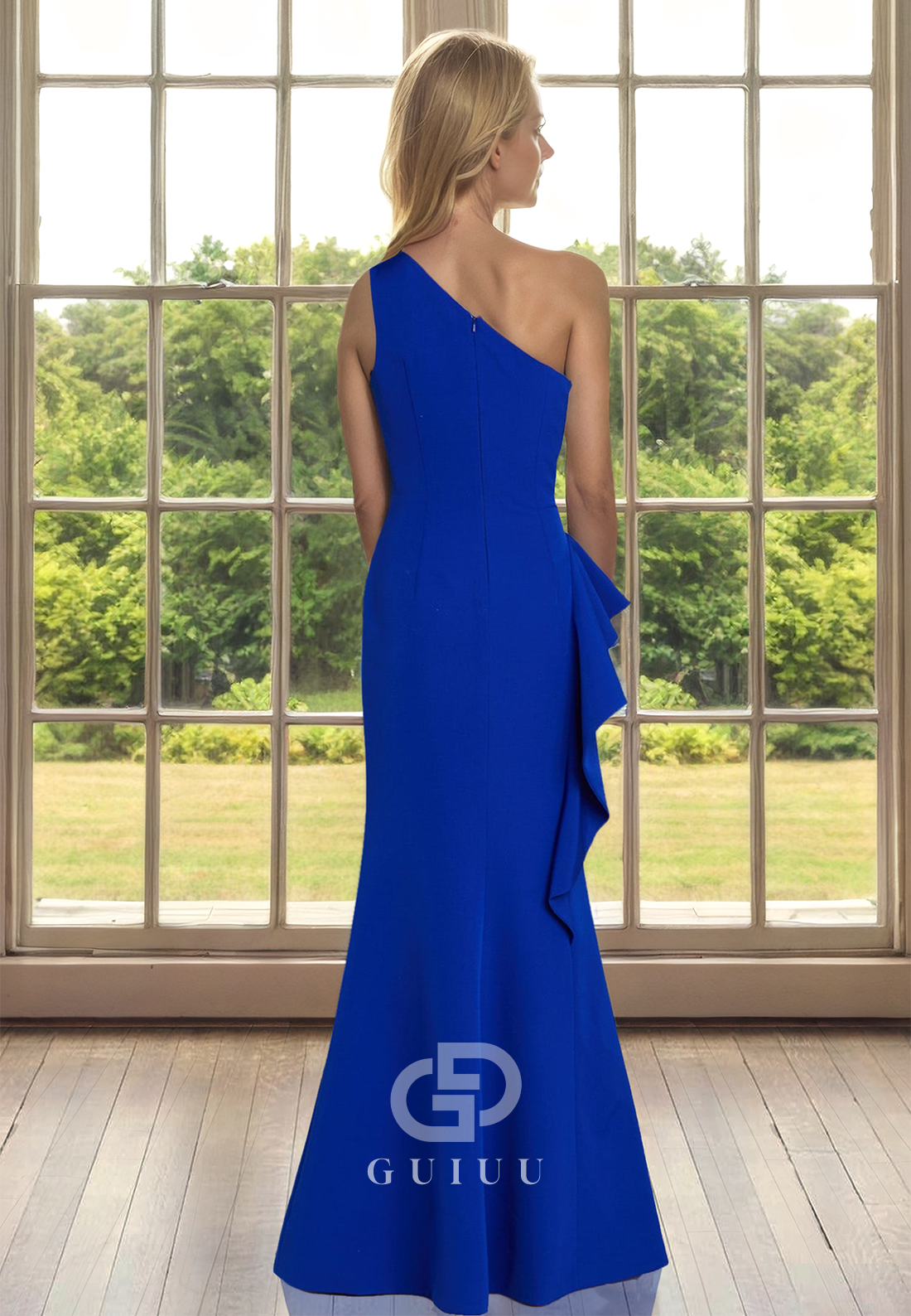 Royal Blue One Shoulder Sleeveless Ruched Slit Satin Mother of the Bride Dress