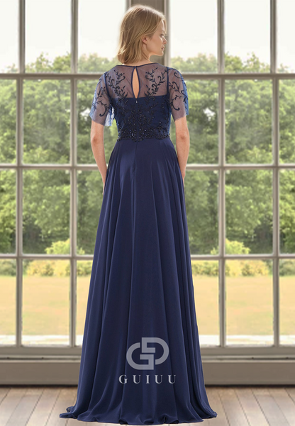 Chiffon Short Sleeves Scoop Empire-Waist Corset Tulle Mother of the Bride Dress