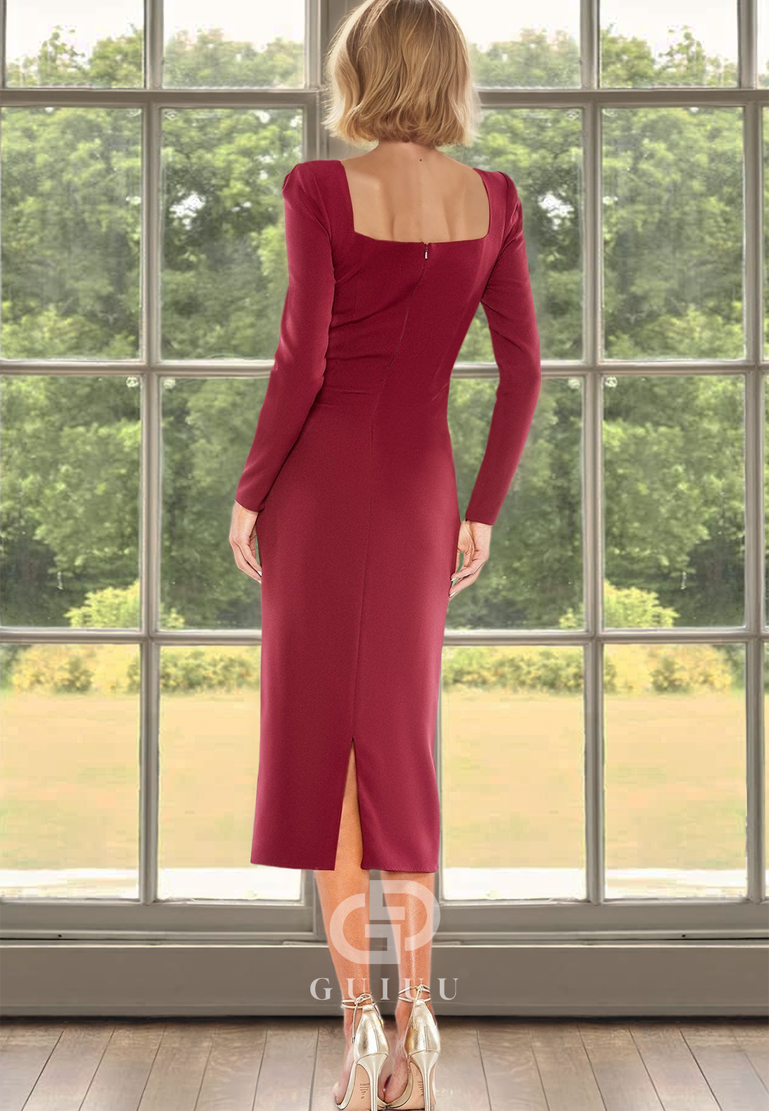 Mulberry Long Sleeves Square Knee Length Satin Mother of the Bride Dress