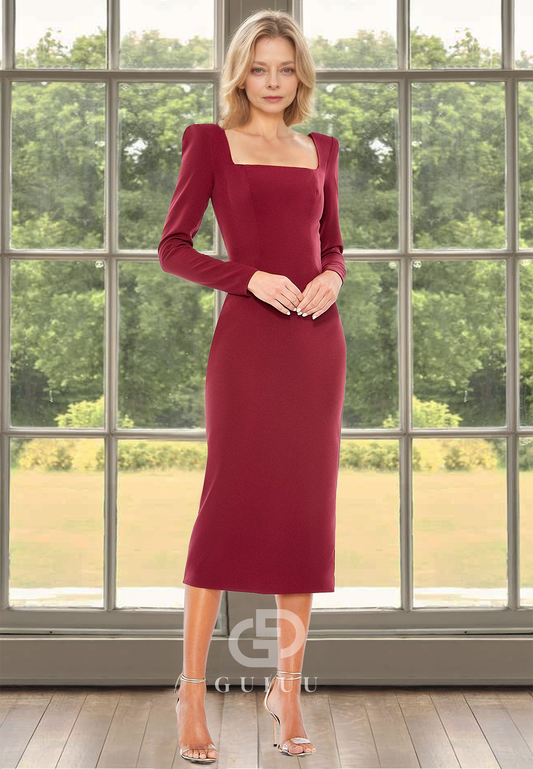 Mulberry Long Sleeves Square Knee Length Satin Mother of the Bride Dress