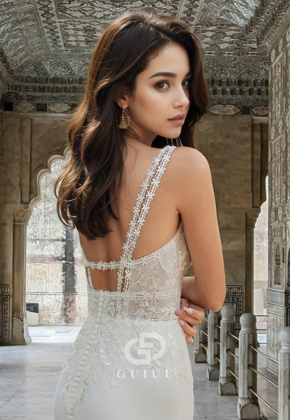 Sheath Spaghetti Straps V-Neck Corset Tulle Floral Appliques Satin Wedding Dress