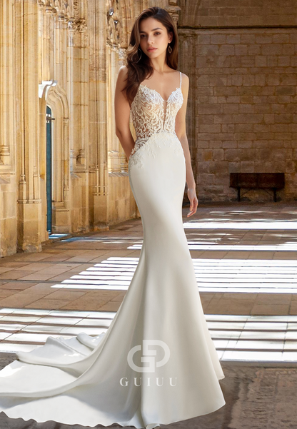 Elegant Spaghetti Straps Sweetheart Backless Corset Tulle Satin Wedding Dress