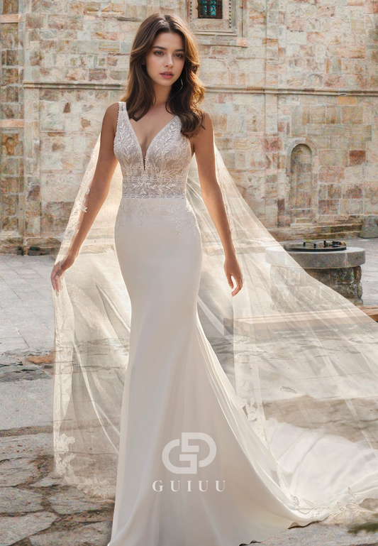 Sheath Spaghetti Straps V-Neck Corset Tulle Floral Appliques Satin Wedding Dress