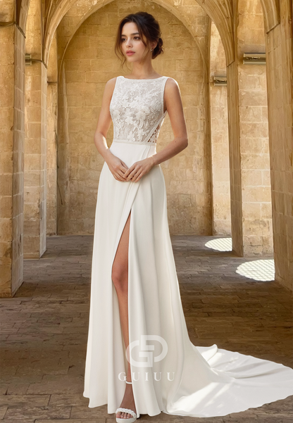 Elegant Scoop Sleeveless Corset Tulle Empire-Waist Slit Backless Satin Wedding Dress