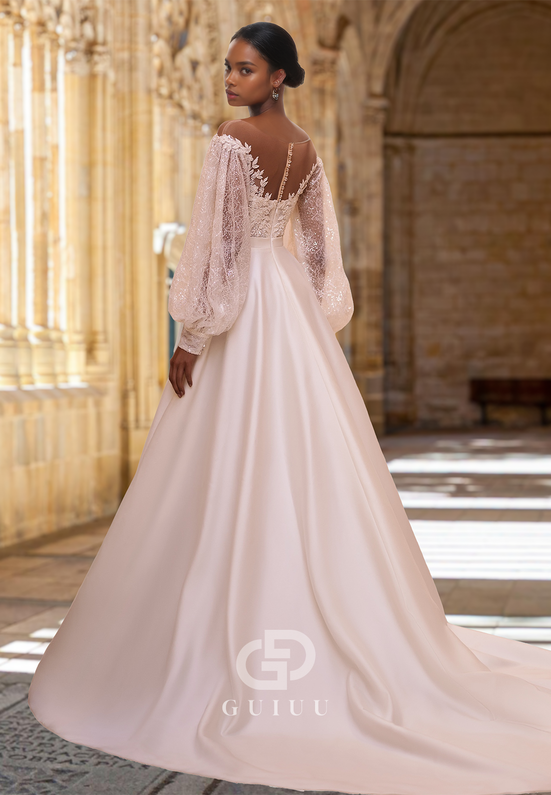 Charming Off-Shoulder Long Sleeves Corset Tulle Empire-Waist Appliques Satin Wedding Dress