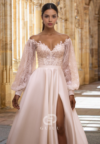 Charming Off-Shoulder Long Sleeves Corset Tulle Empire-Waist Appliques Satin Wedding Dress