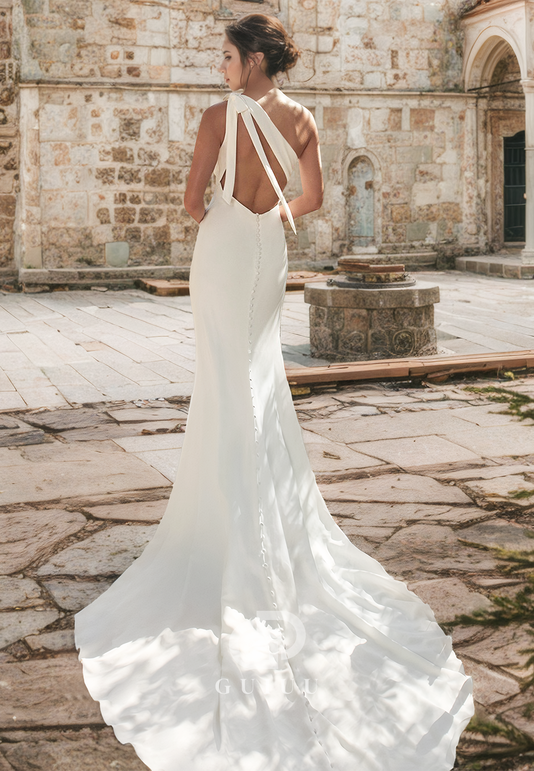 Simple One Shoulder Sleeveless Backless Slit Sweep Train Satin Wedding Dress