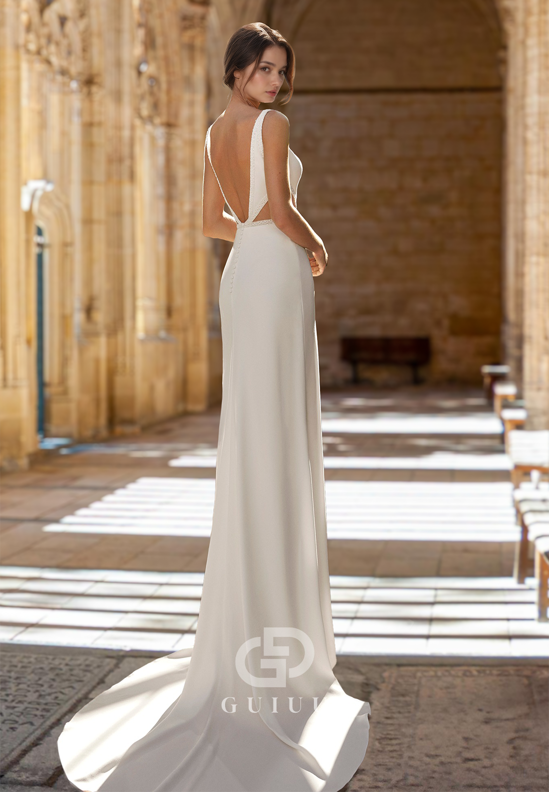 Simple Spaghetti Straps V-Neck Backless Empire-Waist Sweep Train Satin Wedding Dress