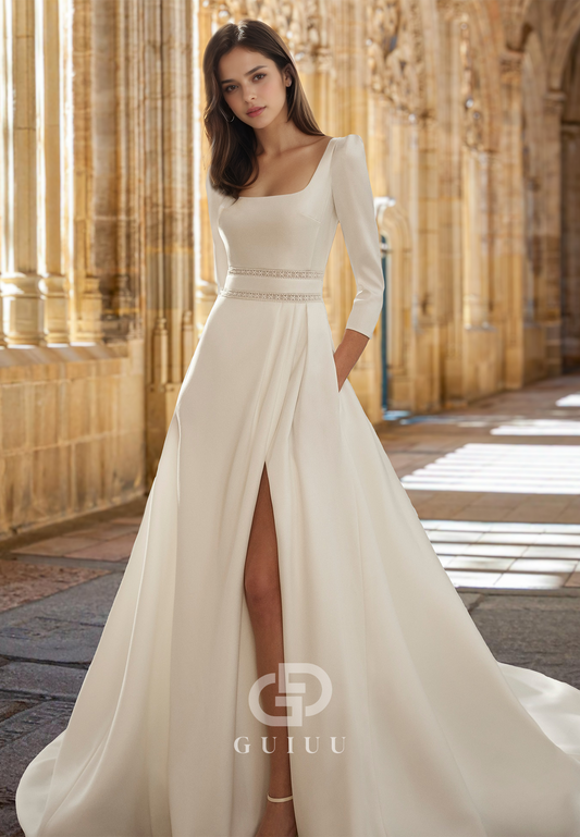 Elegant A-Line Square Long Sleeves Slit Backless Sweep Train Satin Wedding Dress