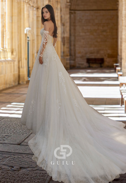 Gorgeous A-Line Off-Shoulder Long Sleeves Floral Appliques Lace Wedding Dress