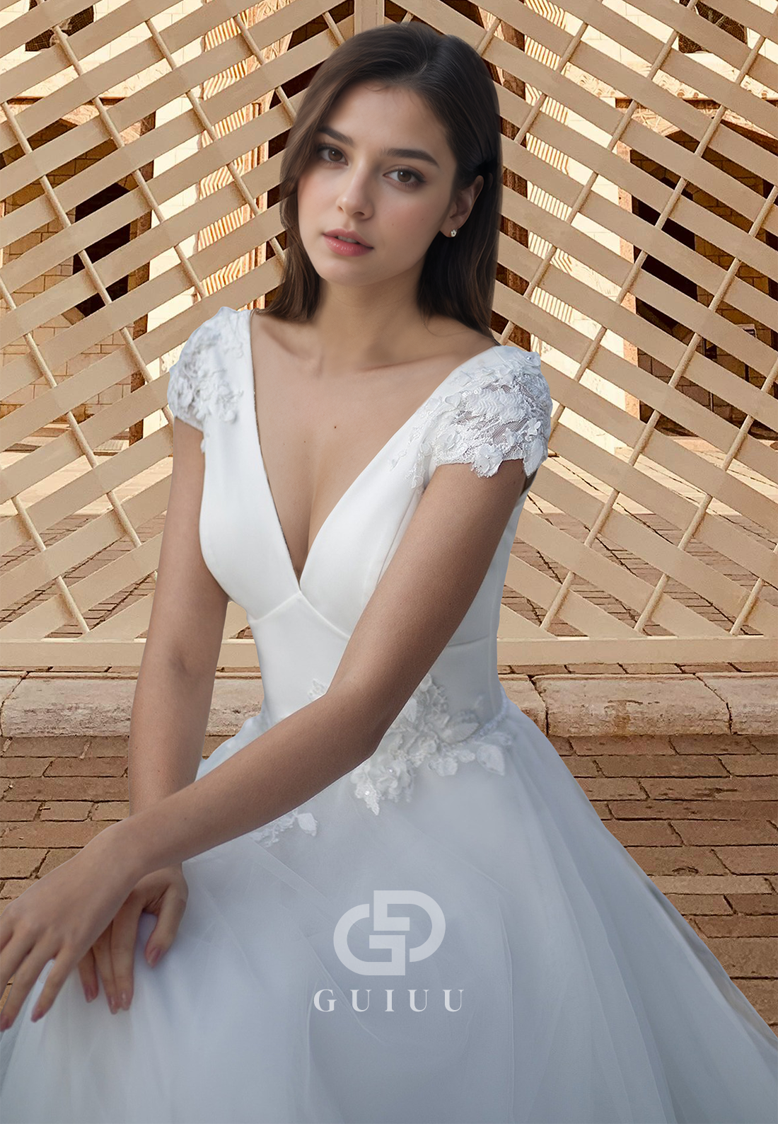 Elegant A-Line Short Sleeves V-Neck Floral Appliques Lace Romantic Wedding Dress