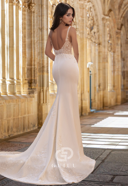 Mermaid Spaghetti Straps Illusion V-Neck Corset Tulle Backless Satin Wedding Dress