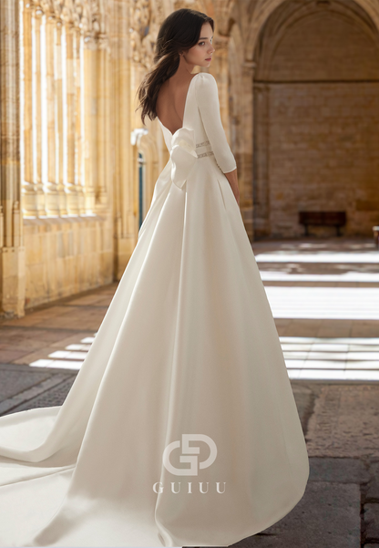 Elegant A-Line Square Long Sleeves Slit Backless Sweep Train Satin Wedding Dress