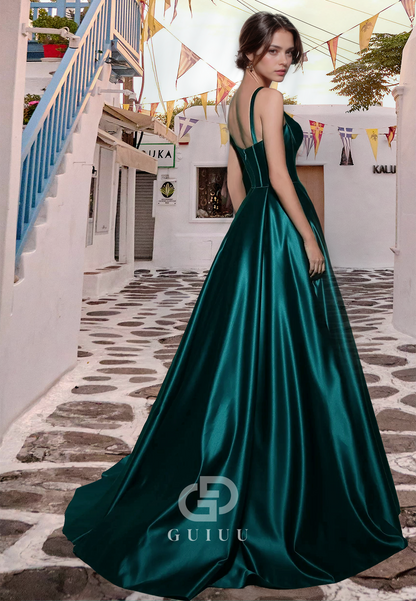 Peacock Spaghetti Straps Sweetheart Prom Dress with Train Ruched Evening Party Dress