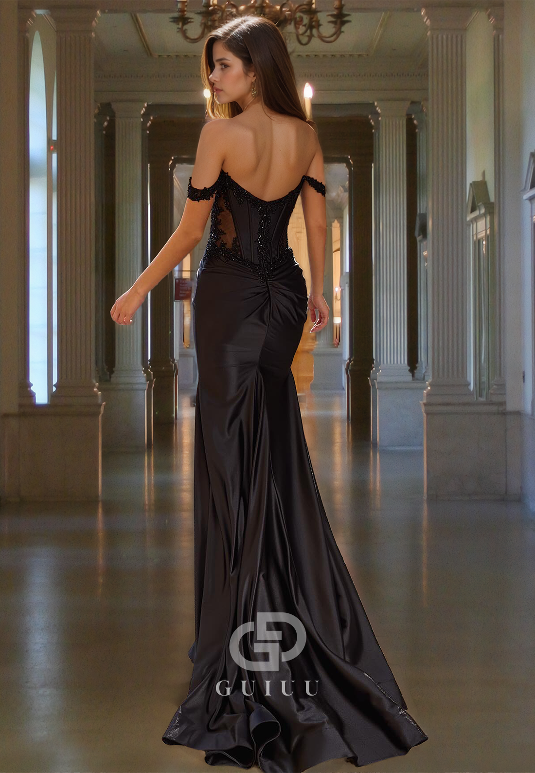 Black Mermaid Off-Shoulder Cap Sleeves Illusion Corset Tulle Prom Party Dress