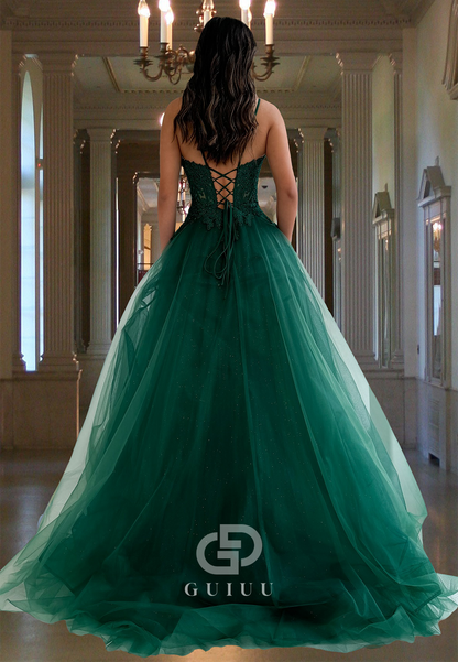 Dark Green A-Line Spaghetti Straps Sweetheart Prom Dress with Slit Sequins Evening Party Dress