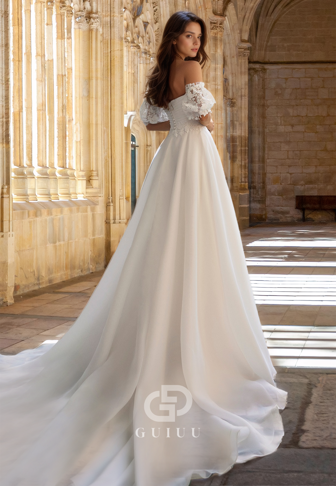 Elegant A-Line Short Sleeves Off-Shoulder Appliques Ruched Satin Wedding Dress