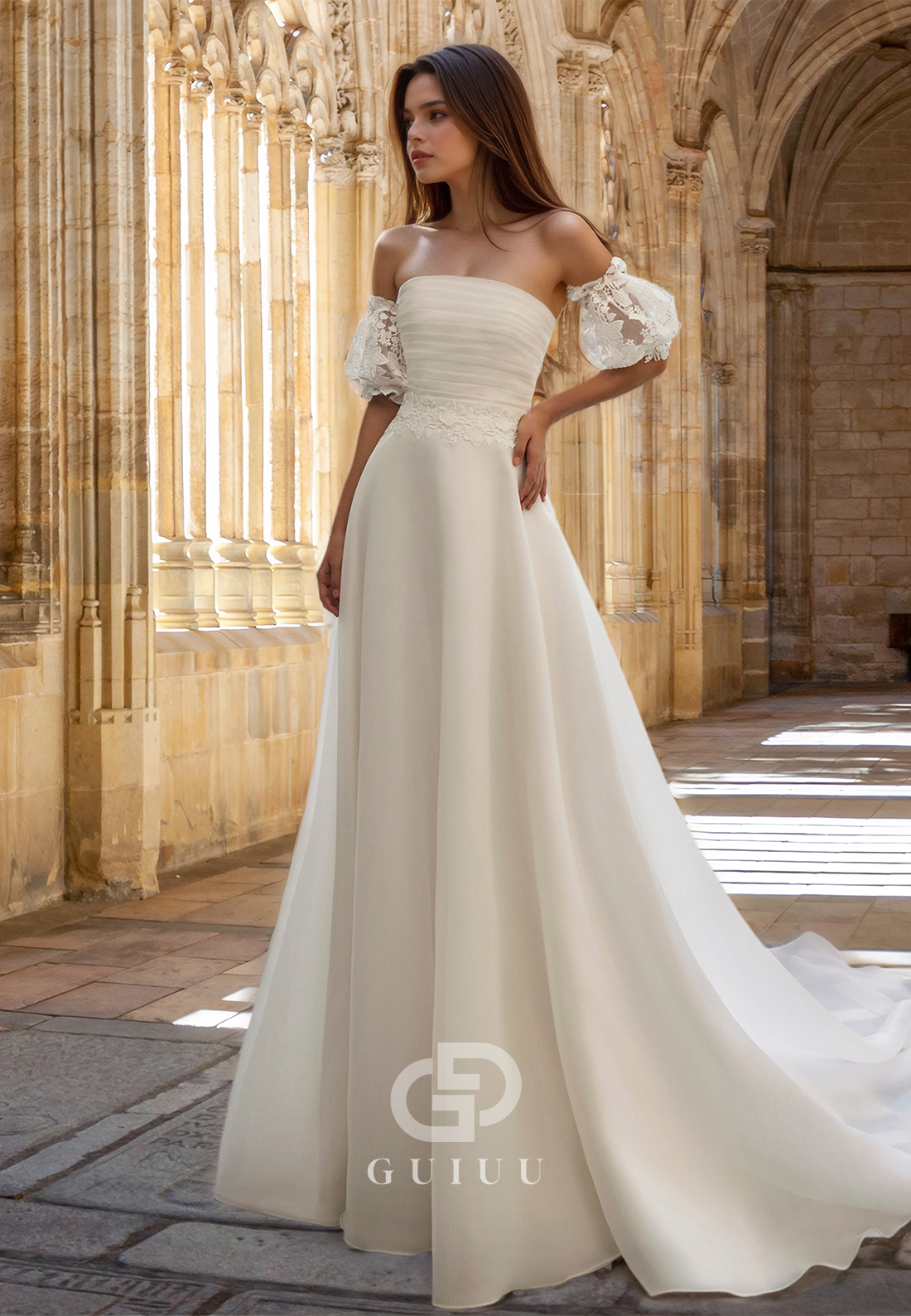 Elegant A-Line Short Sleeves Off-Shoulder Appliques Ruched Satin Wedding Dress