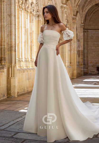 Elegant A-Line Short Sleeves Off-Shoulder Appliques Ruched Satin Wedding Dress