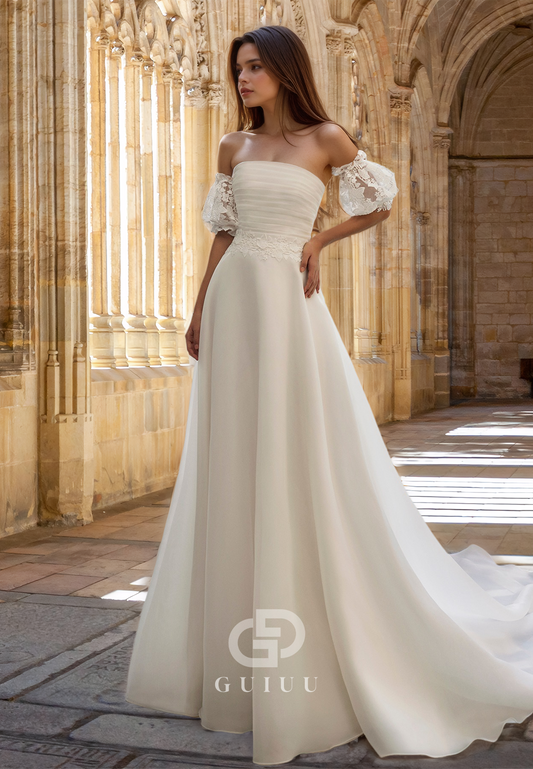 Elegant A-Line Short Sleeves Off-Shoulder Appliques Ruched Satin Wedding Dress