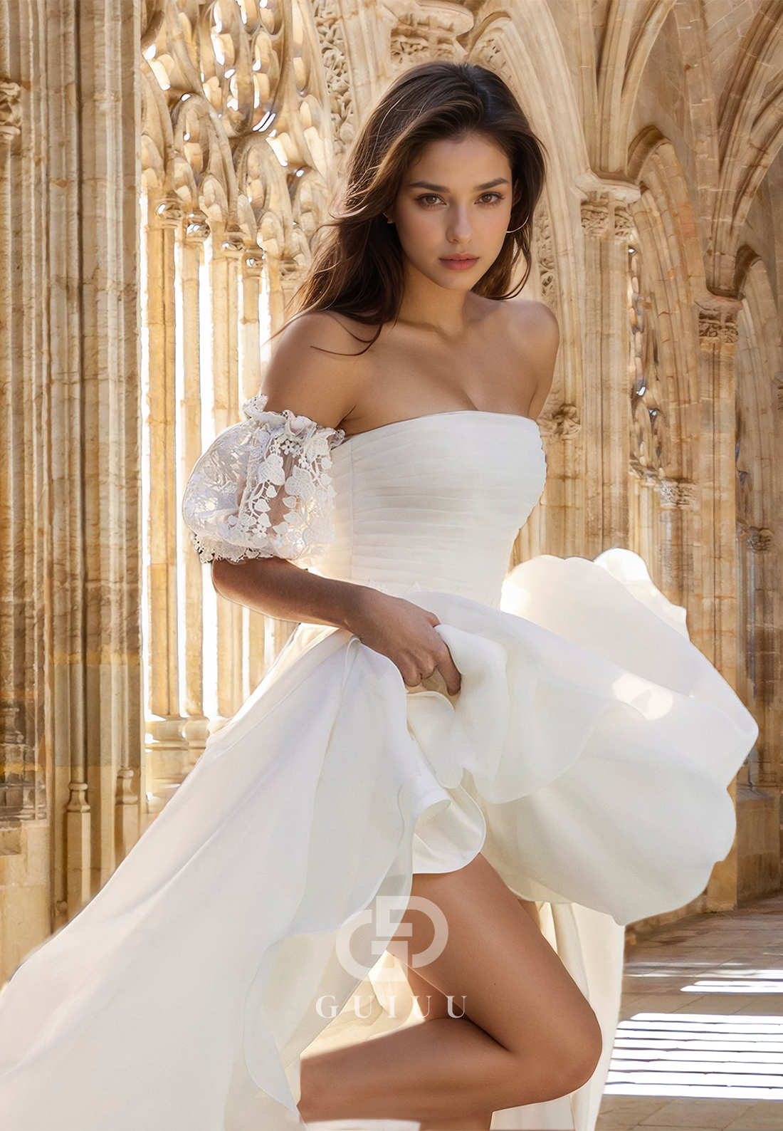 Elegant A-Line Short Sleeves Off-Shoulder Appliques Ruched Satin Wedding Dress