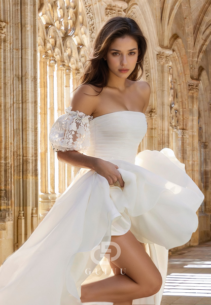 Elegant A-Line Short Sleeves Off-Shoulder Appliques Ruched Satin Wedding Dress
