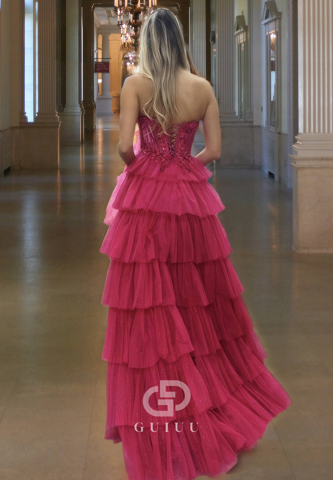 Charming A-Line Strapless Sleeveless Prom Dress with Slit Ruffles Evening Party Dress