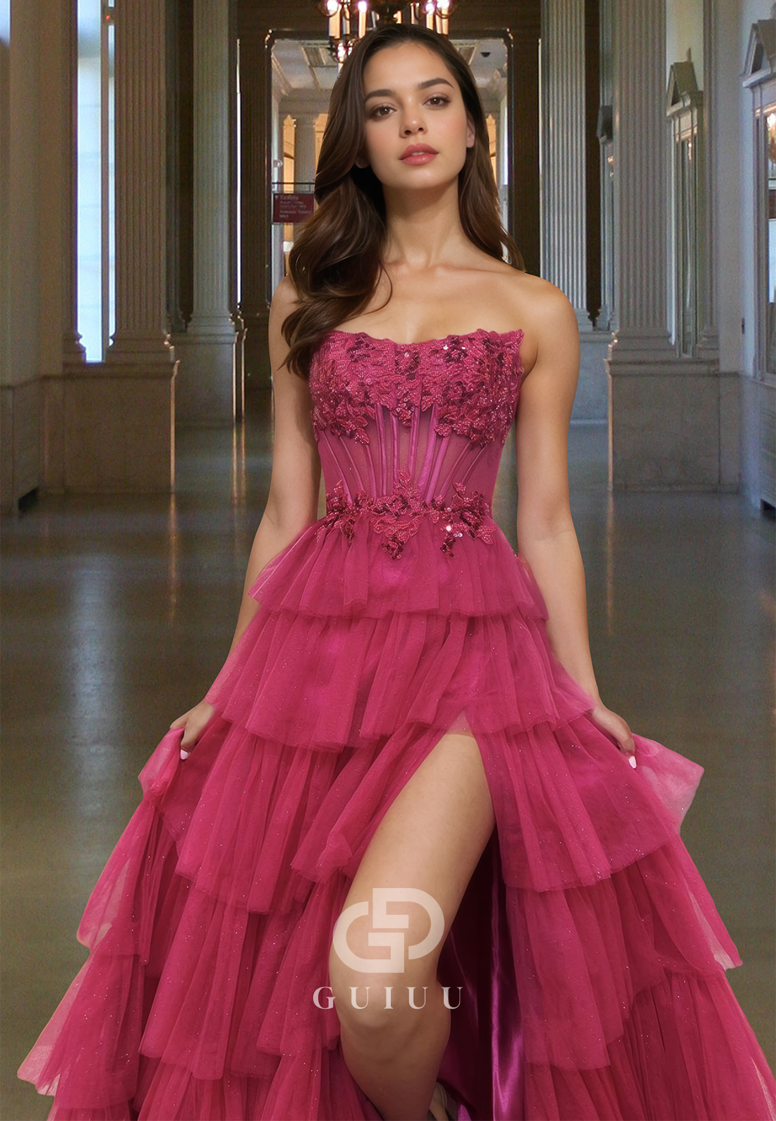 Charming A-Line Strapless Sleeveless Prom Dress with Slit Ruffles Evening Party Dress