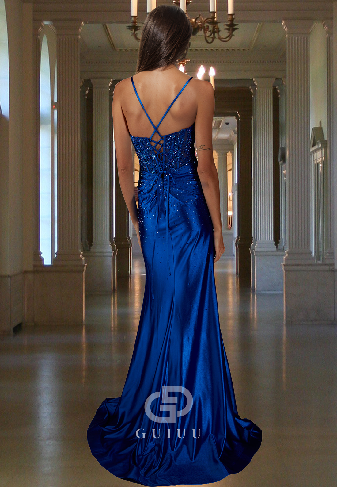 Royal Blue Spaghetti Straps Sweetheart Prom Dress with Sequins Slit Ruched Evening Party Dress