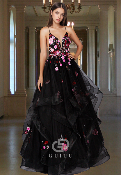 Black Spaghetti Straps V-Neck Prom Dress with Appliques Backless Evening Party Dress
