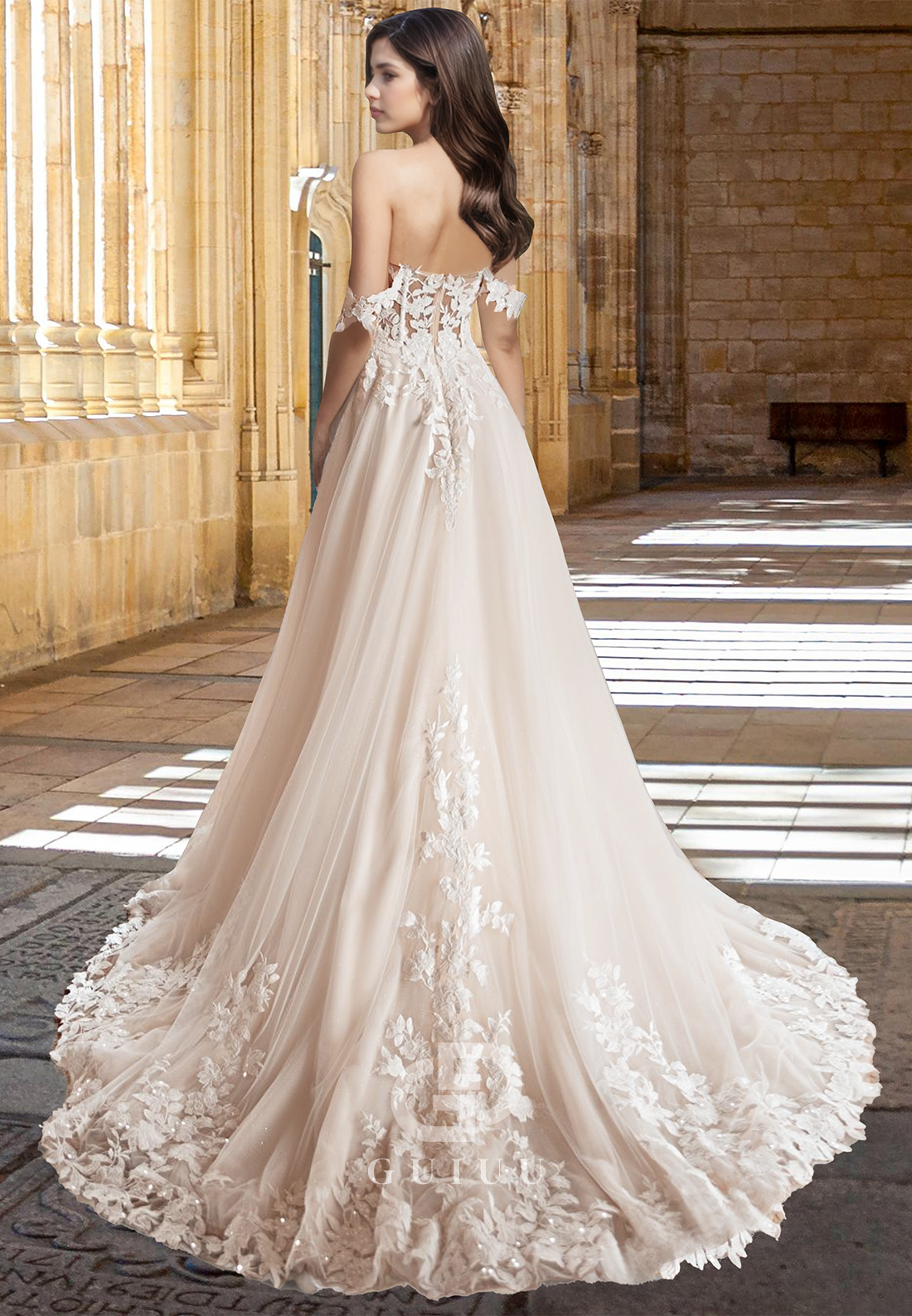 Elegant Off-Shoulder Cap Sleeves Corset Tulle Floral Appliques Lace Wedding Dress